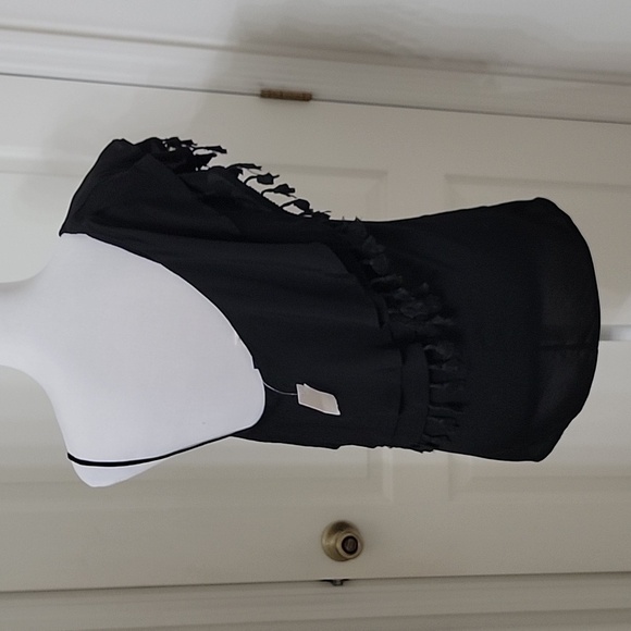 Blue Rain (Francesca's) Black Asymmetrical Ruffle Tassle Spag. Strap Blouse, NEW - Picture 4 of 11